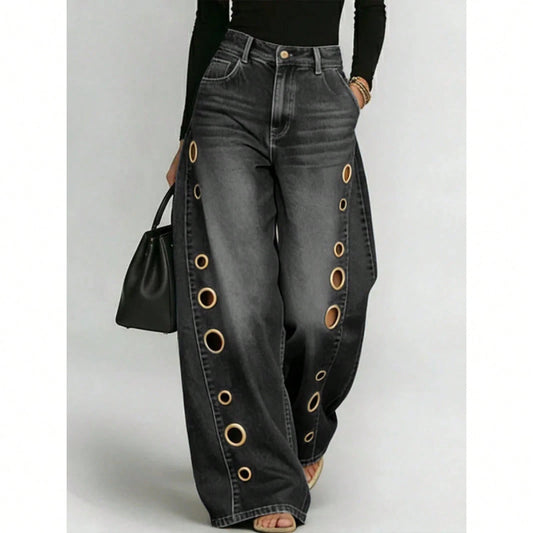 Women's High Waist Wide Leg Jeans With Eyelet Detail, Button Fly With Side Pockets, Loose Fit Silhouette With Cutout Accents, Casual Edgy Style, Perf