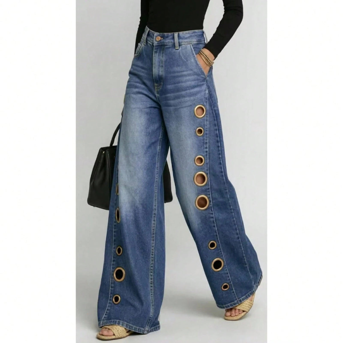 Women's High Waist Wide Leg Jeans With Eyelet Detail, Button Fly With Side Pockets, Loose Fit Silhouette With Cutout Accents, Casual Edgy Style, Perf