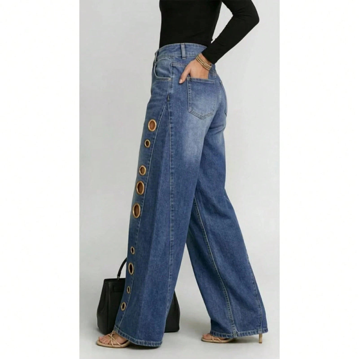 Women's High Waist Wide Leg Jeans With Eyelet Detail, Button Fly With Side Pockets, Loose Fit Silhouette With Cutout Accents, Casual Edgy Style, Perf