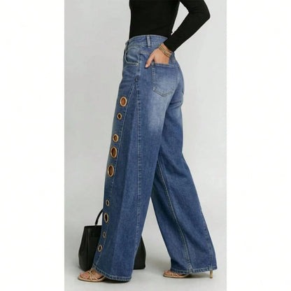 Women's High Waist Wide Leg Jeans With Eyelet Detail, Button Fly With Side Pockets, Loose Fit Silhouette With Cutout Accents, Casual Edgy Style, Perf