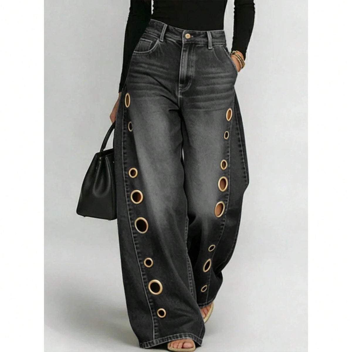 Women's High Waist Wide Leg Jeans With Eyelet Detail, Button Fly With Side Pockets, Loose Fit Silhouette With Cutout Accents, Casual Edgy Style, Perf