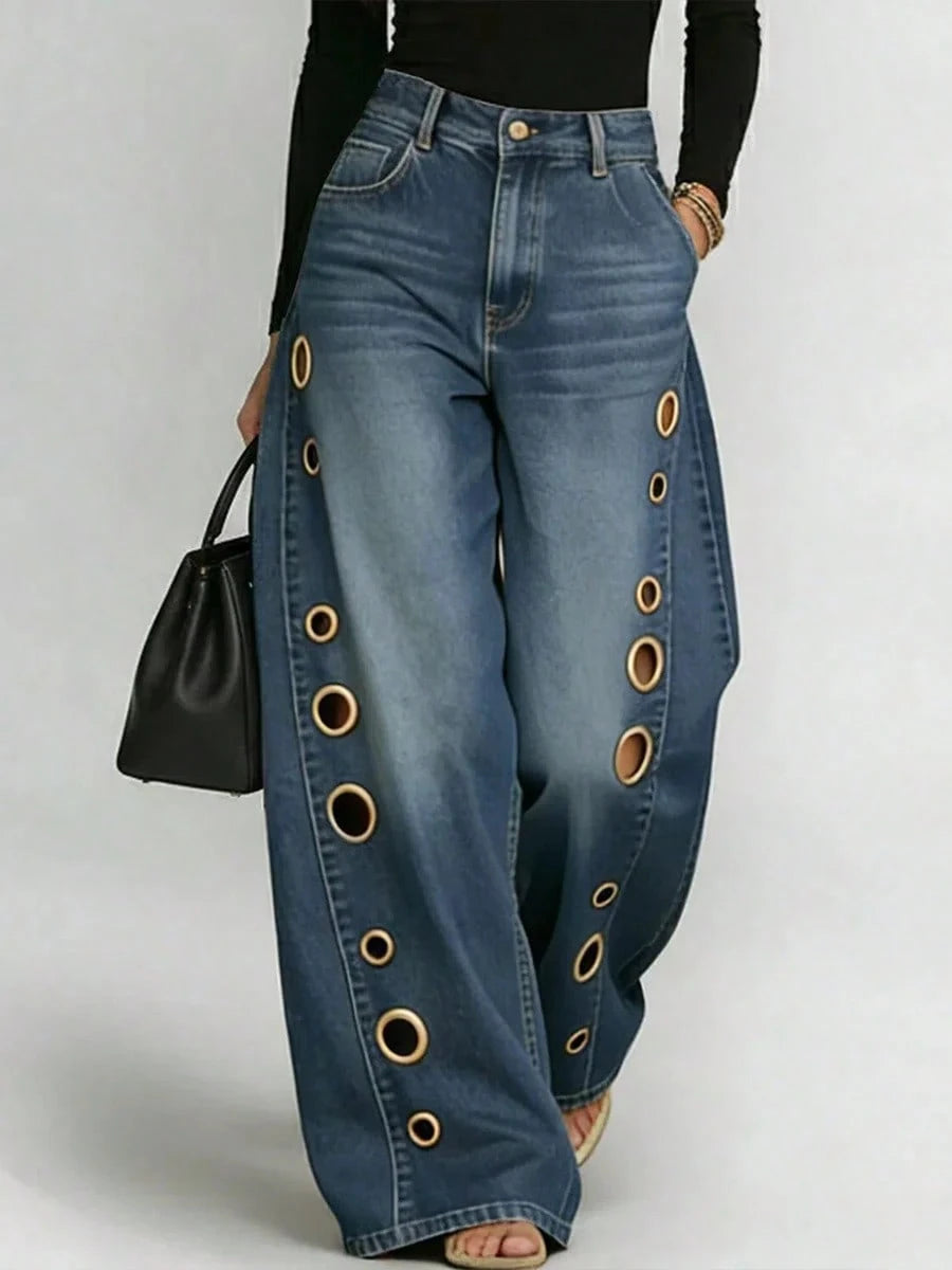 Women's High Waist Wide Leg Loose Fit Jeans, Eyelet Cutout Detail Button Fly Denim Like Pants With Side Pockets, Edgy Streetwear Daily Casual Outfit