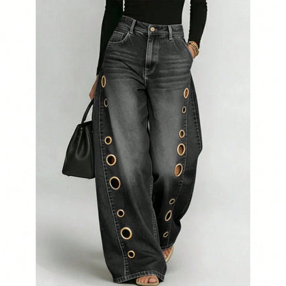 Women's High Waist Wide Leg Loose Fit Jeans, Eyelet Cutout Detail Button Fly Denim Like Pants With Side Pockets, Edgy Streetwear Daily Casual Outfit