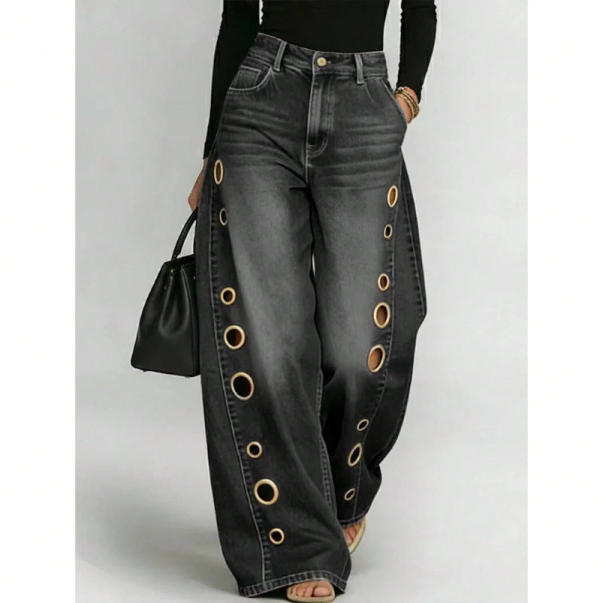 Women's High Waist Wide Leg Loose Fit Jeans, Eyelet Cutout Detail Button Fly Denim Like Pants With Side Pockets, Edgy Streetwear Daily Casual Outfit