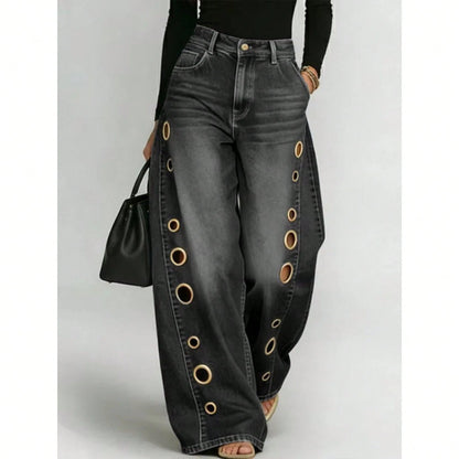 Women's High Waist Wide Leg Loose Fit Jeans, Eyelet Cutout Detail Button Fly Denim Like Pants With Side Pockets, Edgy Streetwear Daily Casual Outfit