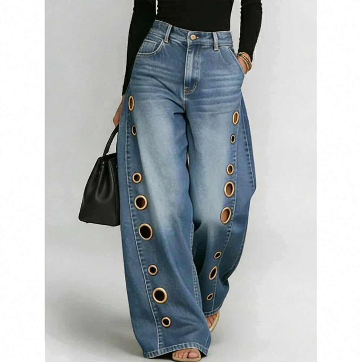Women's High Waist Wide Leg Loose Fit Jeans, Eyelet Cutout Detail Button Fly Denim Like Pants With Side Pockets, Edgy Streetwear Daily Casual Outfit