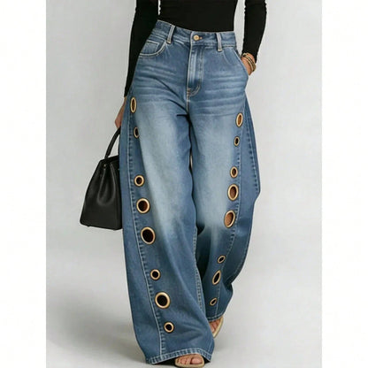 Women's High Waist Wide Leg Loose Fit Jeans, Eyelet Cutout Detail Button Fly Denim Like Pants With Side Pockets, Edgy Streetwear Daily Casual Outfit
