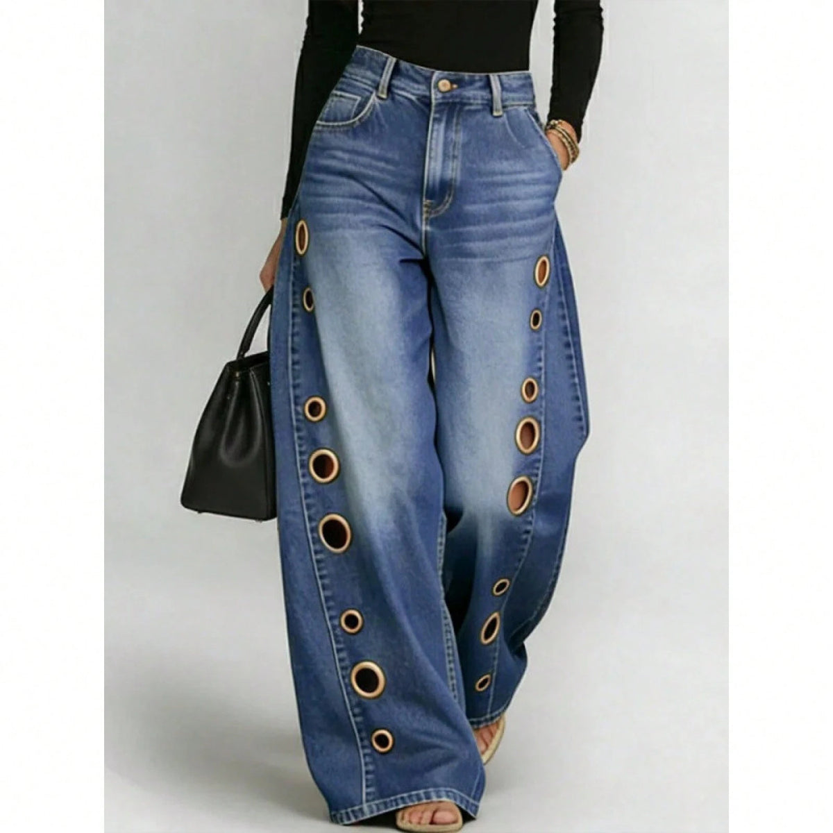 Women's High Waist Wide Leg Loose Fit Jeans, Eyelet Cutout Detail Button Fly Denim Like Pants With Side Pockets, Edgy Streetwear Daily Casual Outfit