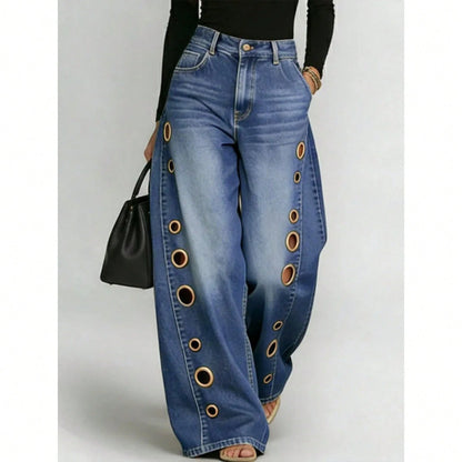 Women's High Waist Wide Leg Loose Fit Jeans, Eyelet Cutout Detail Button Fly Denim Like Pants With Side Pockets, Edgy Streetwear Daily Casual Outfit