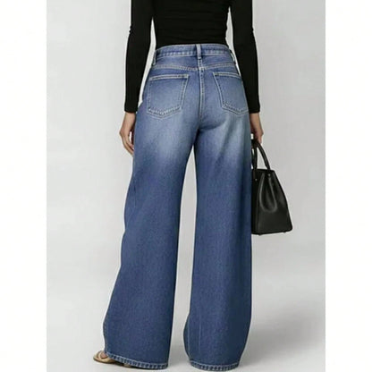 Women's High Waist Wide Leg Loose Fit Jeans, Eyelet Cutout Detail Button Fly Denim Like Pants With Side Pockets, Edgy Streetwear Daily Casual Outfit