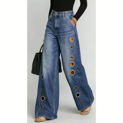 Women's High Waist Wide Leg Loose Fit Jeans, Eyelet Cutout Detail Button Fly Denim Like Pants With Side Pockets, Edgy Streetwear Daily Casual Outfit