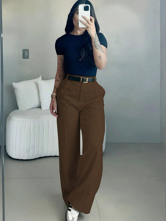 Women's High-Waisted Slim Fit Wide Leg Pants In Coffee Color, Bohemian Street Style, Suitable For Casual, Work Commute And Vacation In Spring/Summer