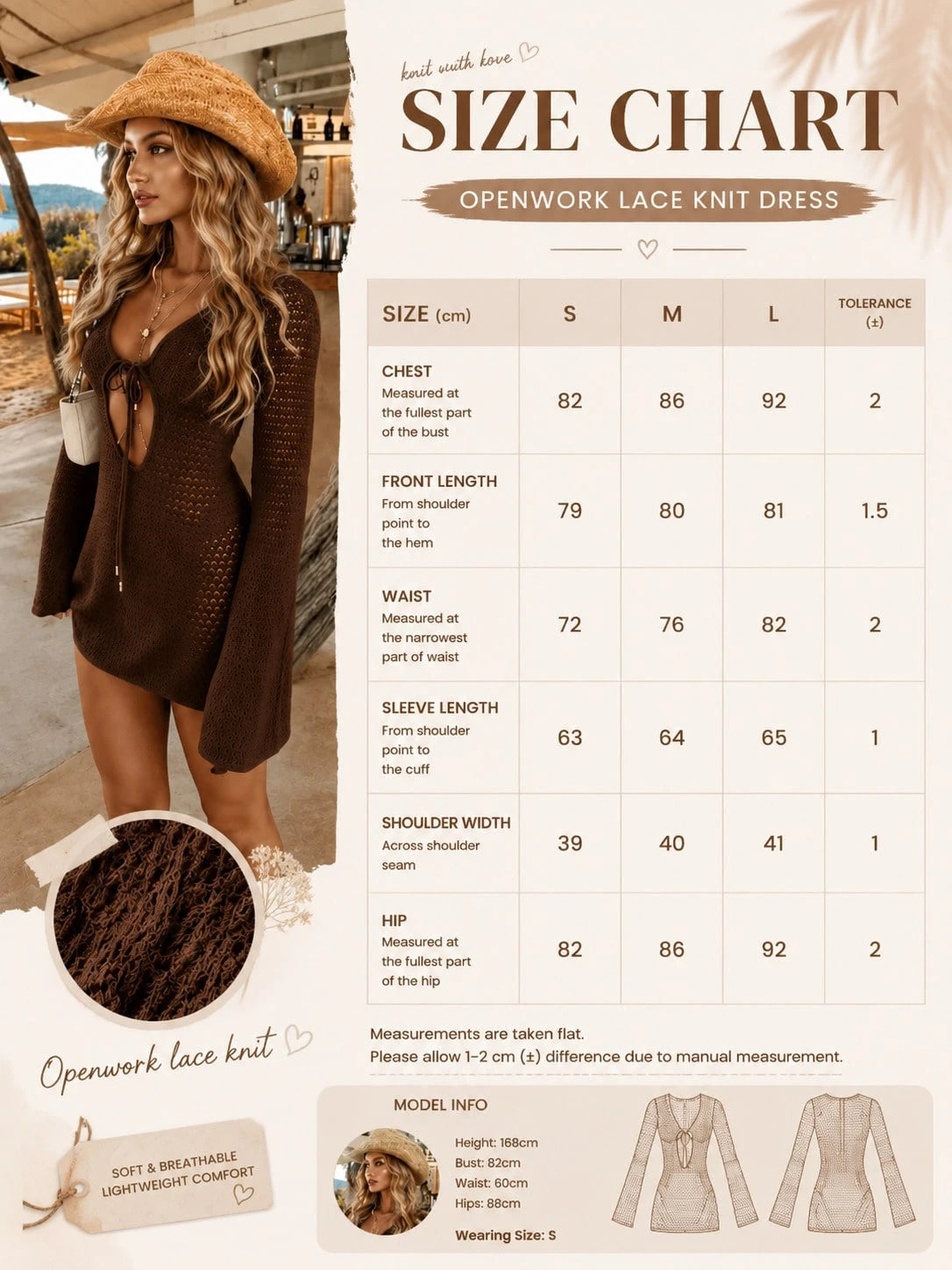 Women's Hollow Out Short Knitted Cardigan, V-Neck Tie Waist Knit Dress With Flare Sleeves, Spring Summer Beach Vacation Style, Korean Style, Cottagecore
