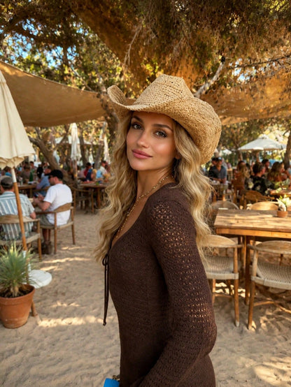 Women's Hollow Out Short Knitted Cardigan, V-Neck Tie Waist Knit Dress With Flare Sleeves, Spring Summer Beach Vacation Style, Korean Style, Cottagecore