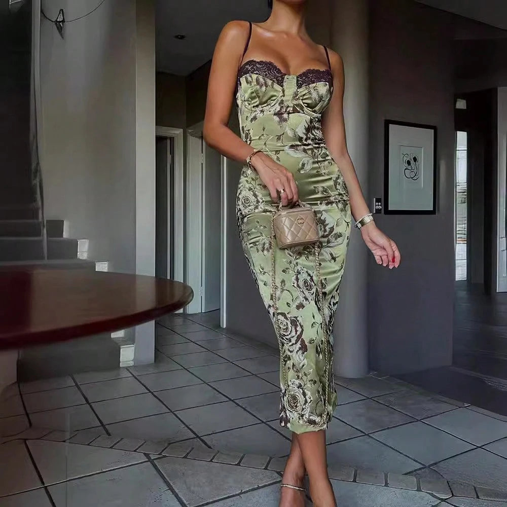 Women's Lace Contrast Color Lace Pajamas, Printed Long Bodycon Slit Knitted Midi Slip Dress Prom, Bridesmaid, Dresses, Fall