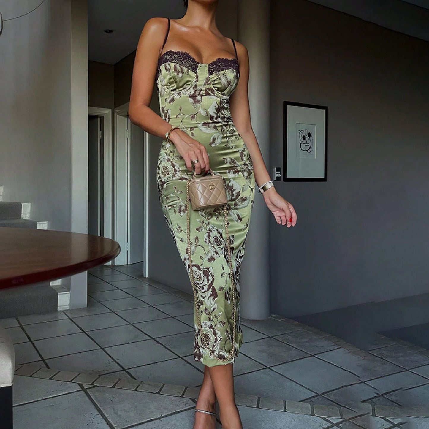 Women's Lace Contrast Color Lace Pajamas, Printed Long Bodycon Slit Knitted Midi Slip Dress Prom, Bridesmaid, Dresses, Fall