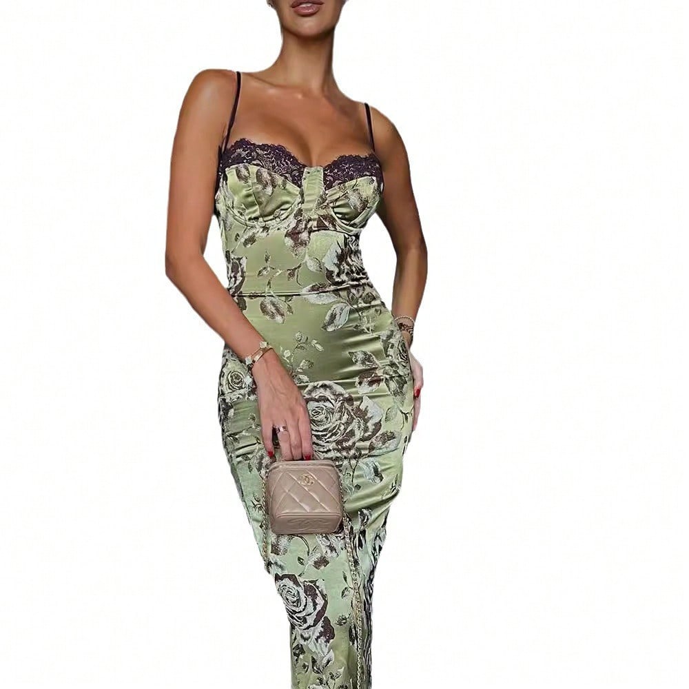 Women's Lace Contrast Color Lace Pajamas, Printed Long Bodycon Slit Knitted Midi Slip Dress Prom, Bridesmaid, Dresses, Fall