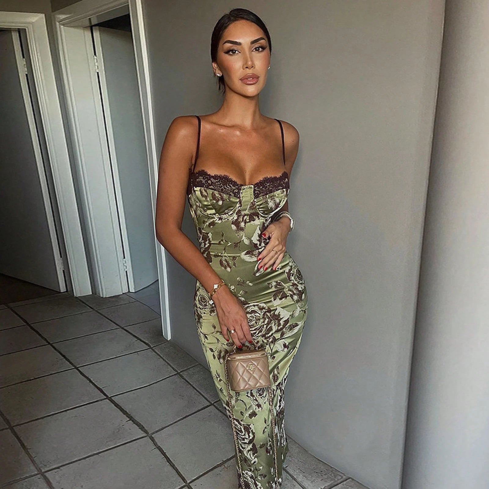 Women's Lace Contrast Color Lace Pajamas, Printed Long Bodycon Slit Knitted Midi Slip Dress Prom, Bridesmaid, Dresses, Fall