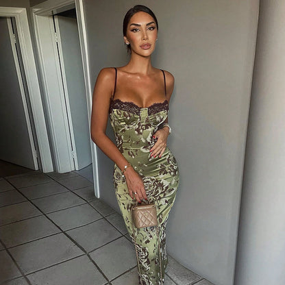 Women's Lace Contrast Color Lace Pajamas, Printed Long Bodycon Slit Knitted Midi Slip Dress Prom, Bridesmaid, Dresses, Fall