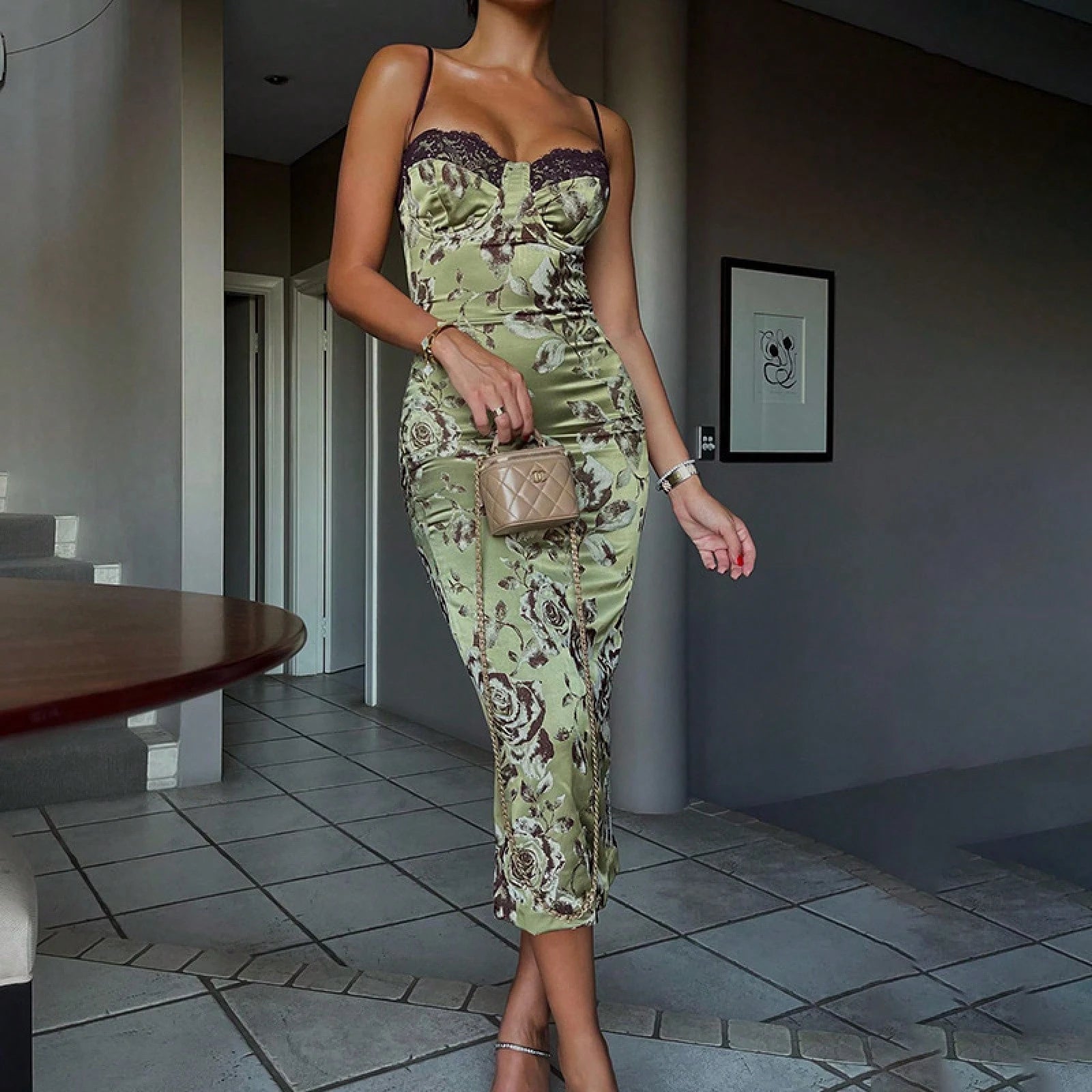 Women's Lace Contrast Color Lace Pajamas, Printed Long Bodycon Slit Knitted Midi Slip Dress Prom, Bridesmaid, Dresses, Fall