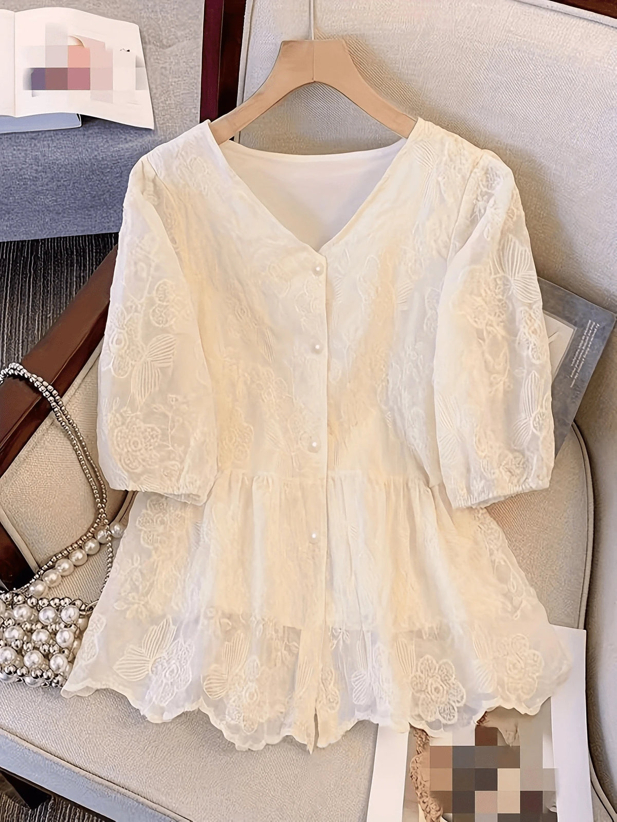 Women's Lace Embroidery V-Neck Blouse, Elegant Faux Pearl Button Ruffle Casual Holiday Top Vacation Summer