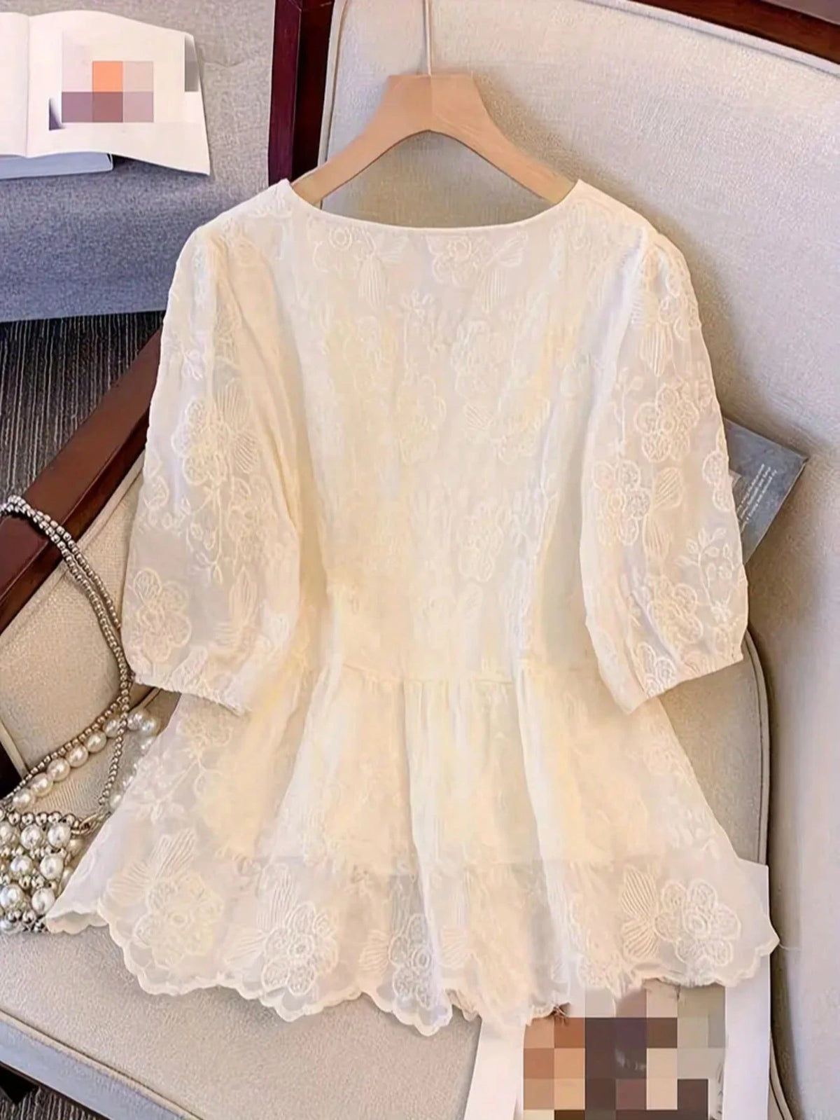 Women's Lace Embroidery V-Neck Blouse, Elegant Faux Pearl Button Ruffle Casual Holiday Top Vacation Summer