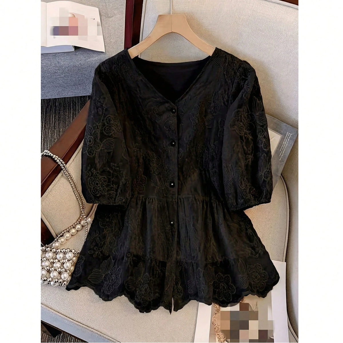 Women's Lace Embroidery V-Neck Blouse, Elegant Faux Pearl Button Ruffle Casual Holiday Top Vacation Summer