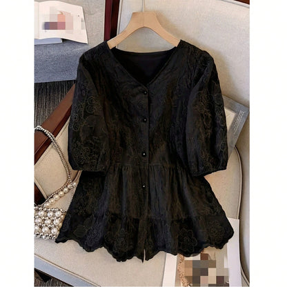 Women's Lace Embroidery V-Neck Blouse, Elegant Faux Pearl Button Ruffle Casual Holiday Top Vacation Summer