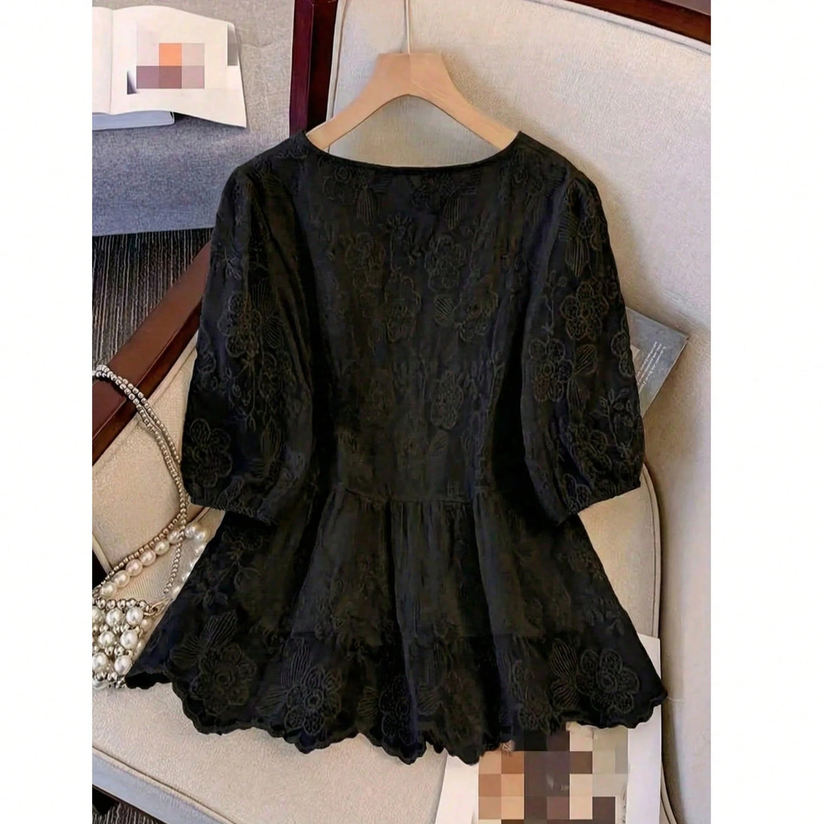 Women's Lace Embroidery V-Neck Blouse, Elegant Faux Pearl Button Ruffle Casual Holiday Top Vacation Summer