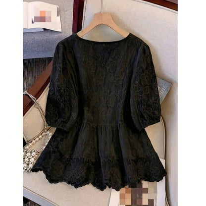 Women's Lace Embroidery V-Neck Blouse, Elegant Faux Pearl Button Ruffle Casual Holiday Top Vacation Summer