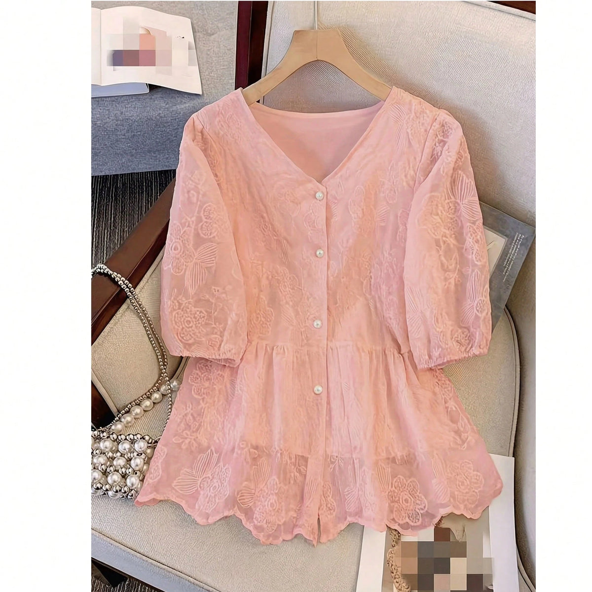 Women's Lace Embroidery V-Neck Blouse, Elegant Faux Pearl Button Ruffle Casual Holiday Top Vacation Summer