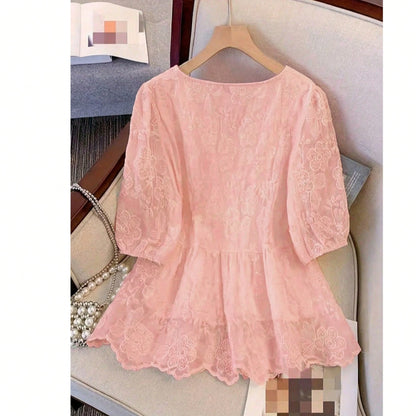 Women's Lace Embroidery V-Neck Blouse, Elegant Faux Pearl Button Ruffle Casual Holiday Top Vacation Summer