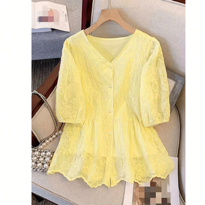 Women's Lace Embroidery V-Neck Blouse, Elegant Faux Pearl Button Ruffle Casual Holiday Top Vacation Summer