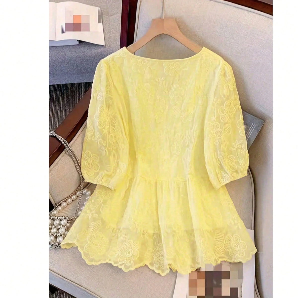 Women's Lace Embroidery V-Neck Blouse, Elegant Faux Pearl Button Ruffle Casual Holiday Top Vacation Summer