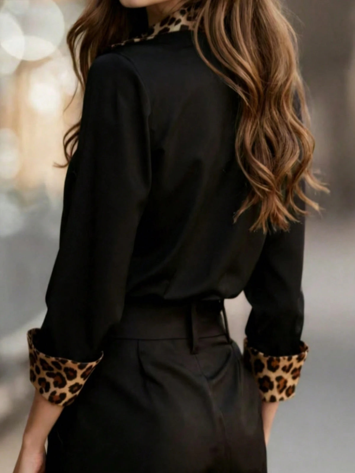 Women's Leopard Print Trim Long Sleeve Black Blouse, Elegant Button-Up Top, Fashionable Choice For Autumn Spring