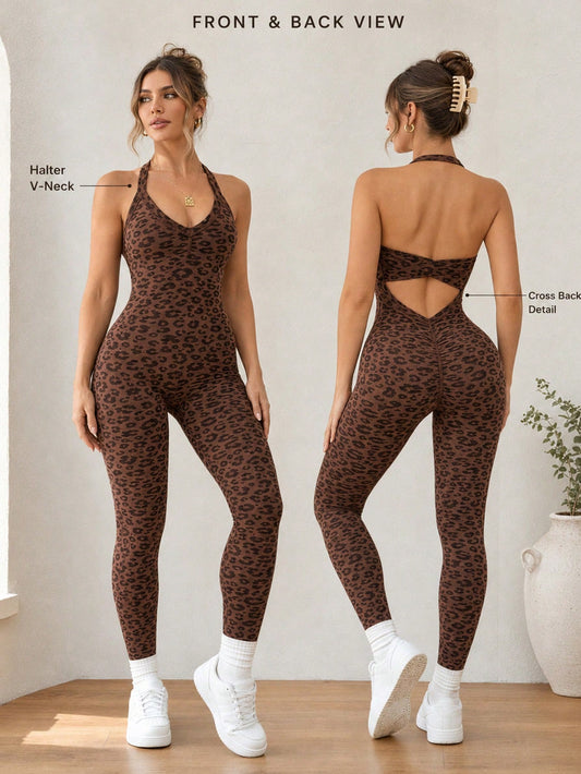 Women's Leopard Print V-Neck Halter Neck Sports Jumpsuit, High Elastic Ribbed Slim Fit Yoga Outfit, Backless Butt-Lifting Fitness Leggings, Comfortable Slimming One-Piece Workout Suit, Suitable For Fi