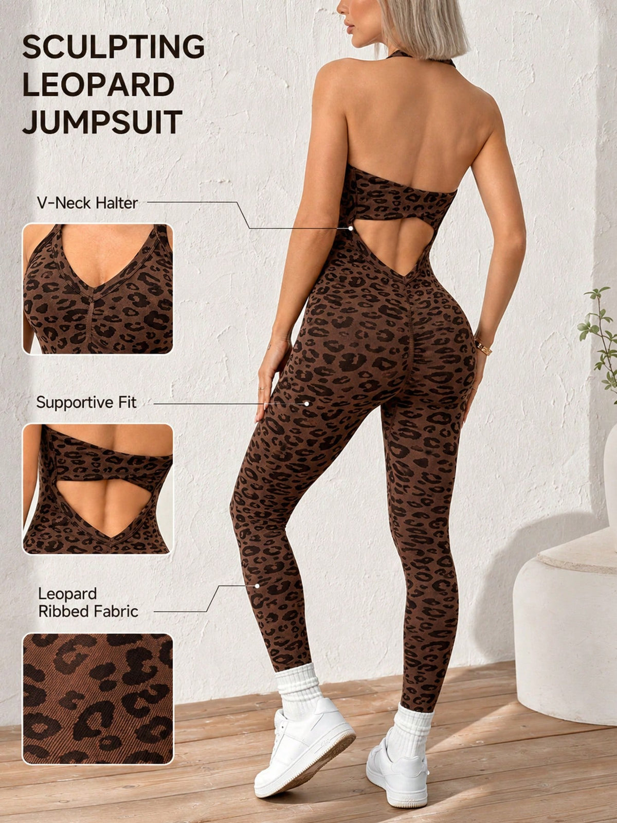 Women's Leopard Print V-Neck Halter Neck Sports Jumpsuit, High Elastic Ribbed Slim Fit Yoga Outfit, Backless Butt-Lifting Fitness Leggings, Comfortable Slimming One-Piece Workout Suit, Suitable For Fi