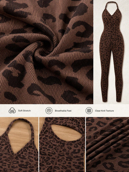 Women's Leopard Print V-Neck Halter Neck Sports Jumpsuit, High Elastic Ribbed Slim Fit Yoga Outfit, Backless Butt-Lifting Fitness Leggings, Comfortable Slimming One-Piece Workout Suit, Suitable For Fi