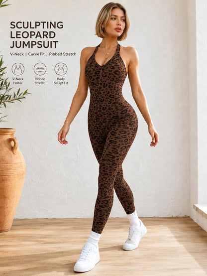 Women's Leopard Print V-Neck Halter Neck Sports Jumpsuit, High Elastic Ribbed Slim Fit Yoga Outfit, Backless Butt-Lifting Fitness Leggings, Comfortable Slimming One-Piece Workout Suit, Suitable For Fi