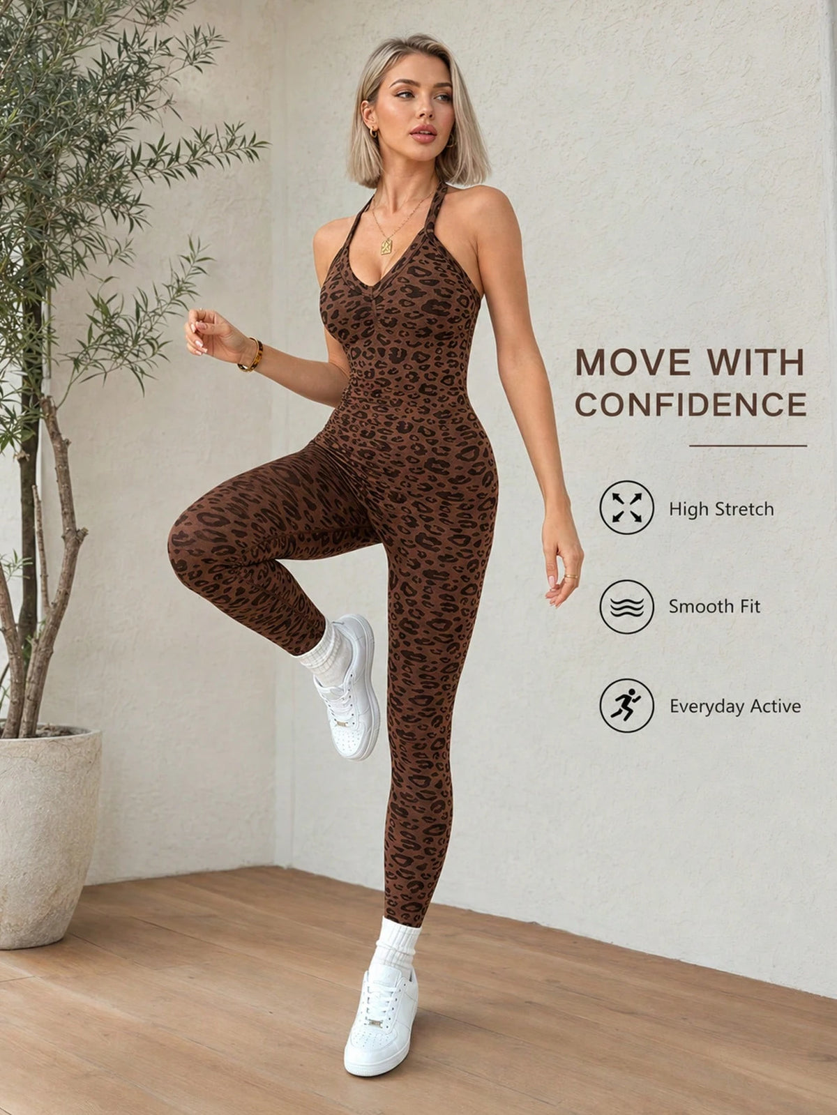 Women's Leopard Print V-Neck Halter Neck Sports Jumpsuit, High Elastic Ribbed Slim Fit Yoga Outfit, Backless Butt-Lifting Fitness Leggings, Comfortable Slimming One-Piece Workout Suit, Suitable For Fi