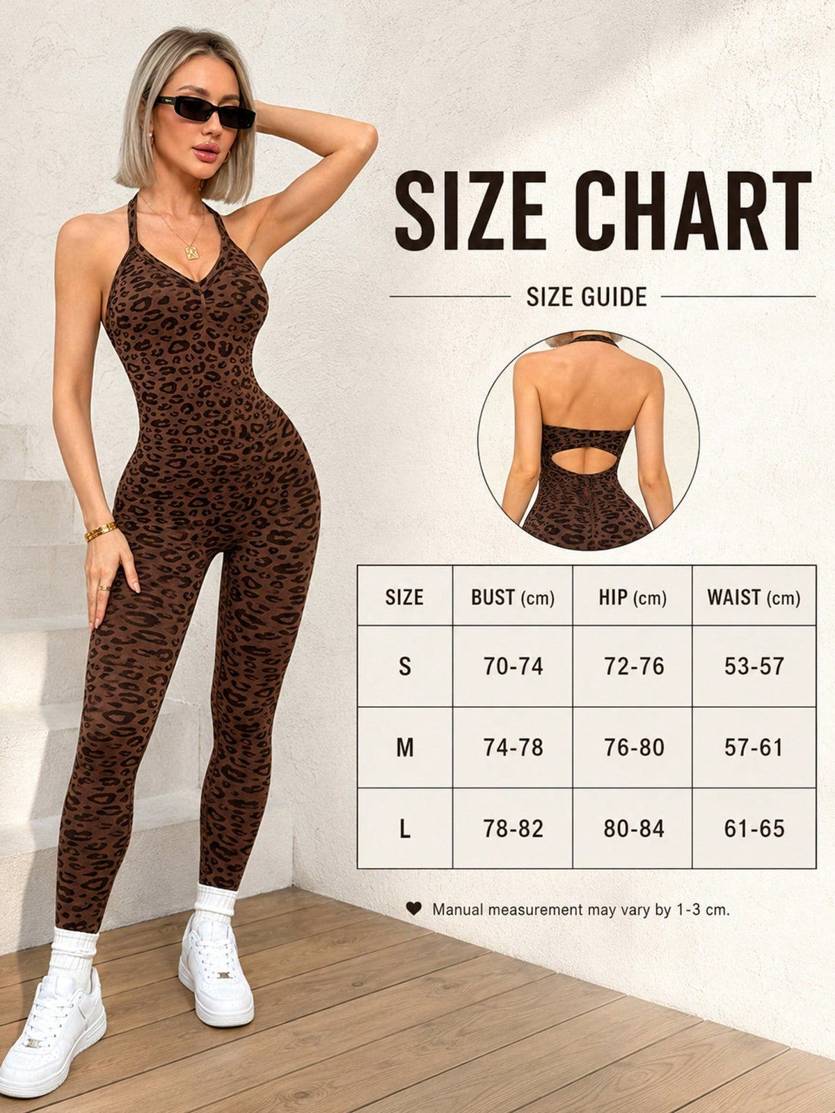 Women's Leopard Print V-Neck Halter Neck Sports Jumpsuit, High Elastic Ribbed Slim Fit Yoga Outfit, Backless Butt-Lifting Fitness Leggings, Comfortable Slimming One-Piece Workout Suit, Suitable For Fi