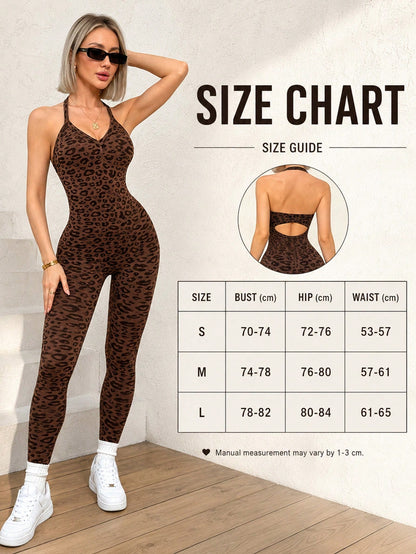 Women's Leopard Print V-Neck Halter Neck Sports Jumpsuit, High Elastic Ribbed Slim Fit Yoga Outfit, Backless Butt-Lifting Fitness Leggings, Comfortable Slimming One-Piece Workout Suit, Suitable For Fi