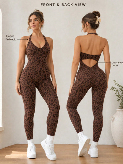 Women's Leopard Print V-Neck Halter Neck Sports Jumpsuit, High Elastic Ribbed Slim Fit Yoga Outfit, Backless Butt-Lifting Fitness Leggings, Comfortable Slimming One-Piece Workout Suit, Suitable For Fi