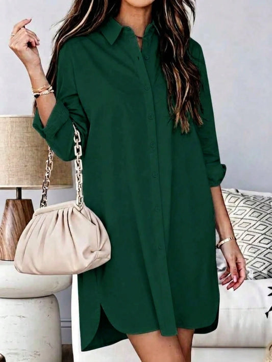 Women's Long Sleeve Button Down High-Low Hem Shirt Dress