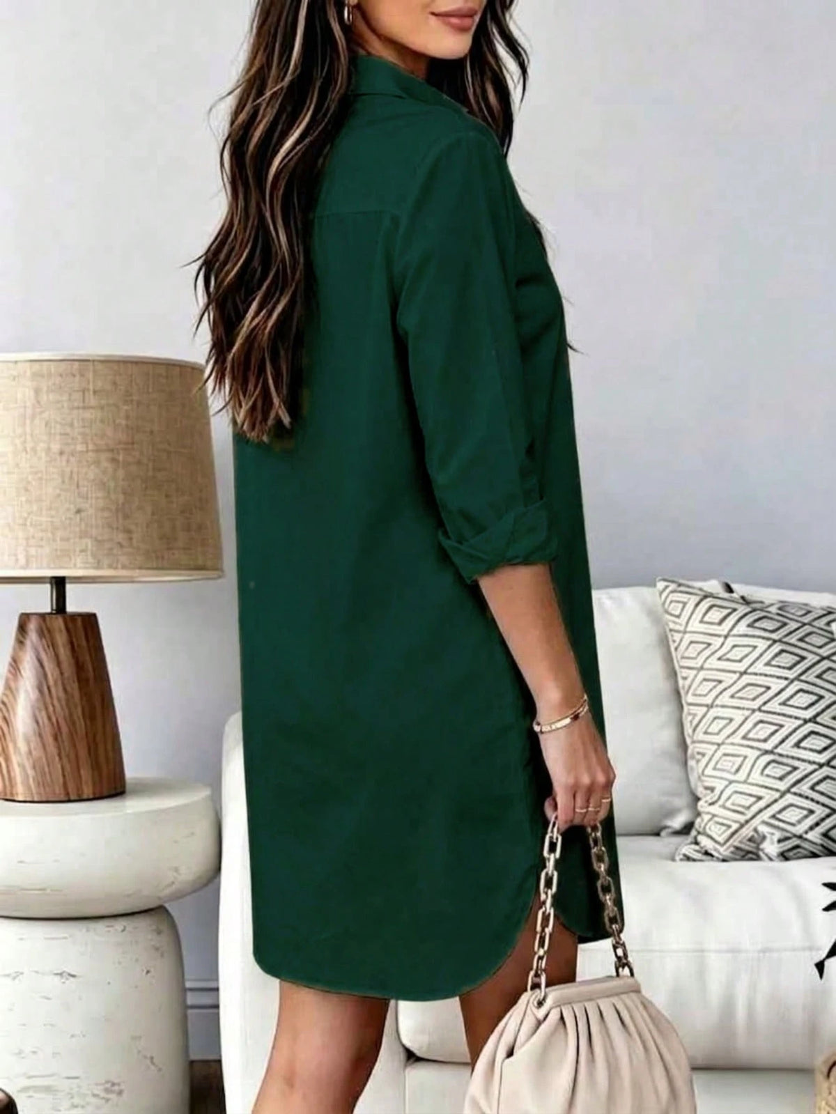 Women's Long Sleeve Button Down High-Low Hem Shirt Dress