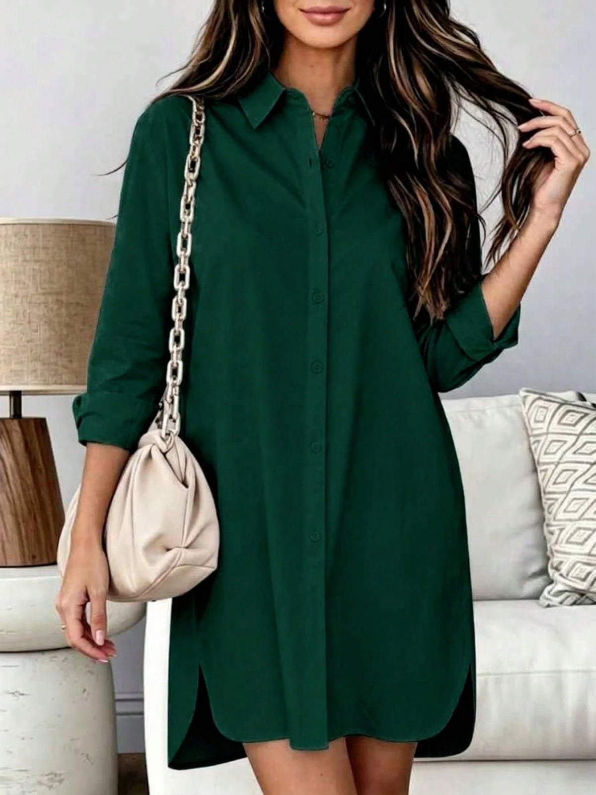 Women's Long Sleeve Button Down High-Low Hem Shirt Dress