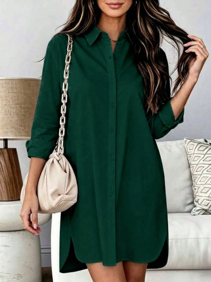 Women's Long Sleeve Button Down High-Low Hem Shirt Dress
