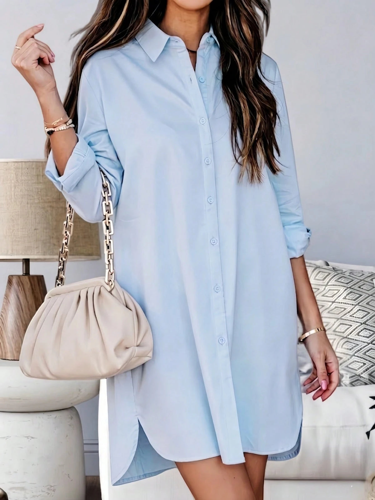 Women's Long Sleeve Button Down High-Low Hem Shirt Dress