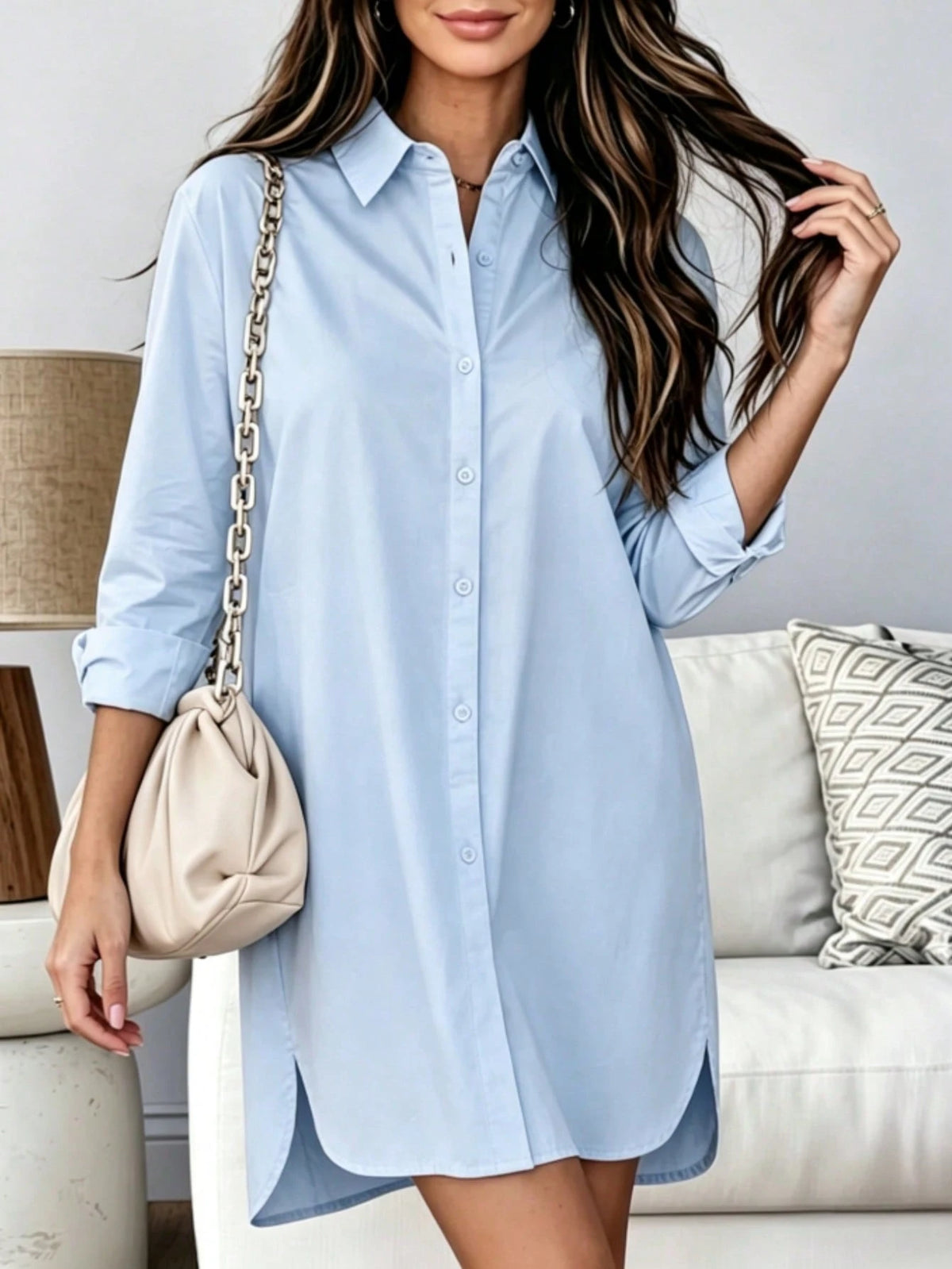 Women's Long Sleeve Button Down High-Low Hem Shirt Dress