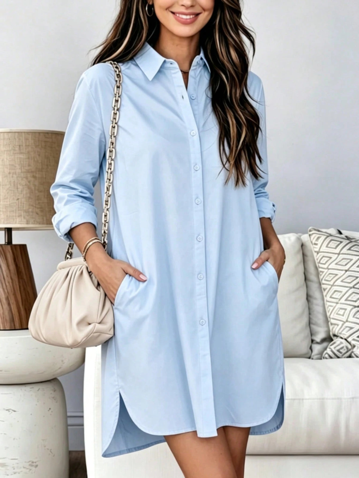 Women's Long Sleeve Button Down High-Low Hem Shirt Dress